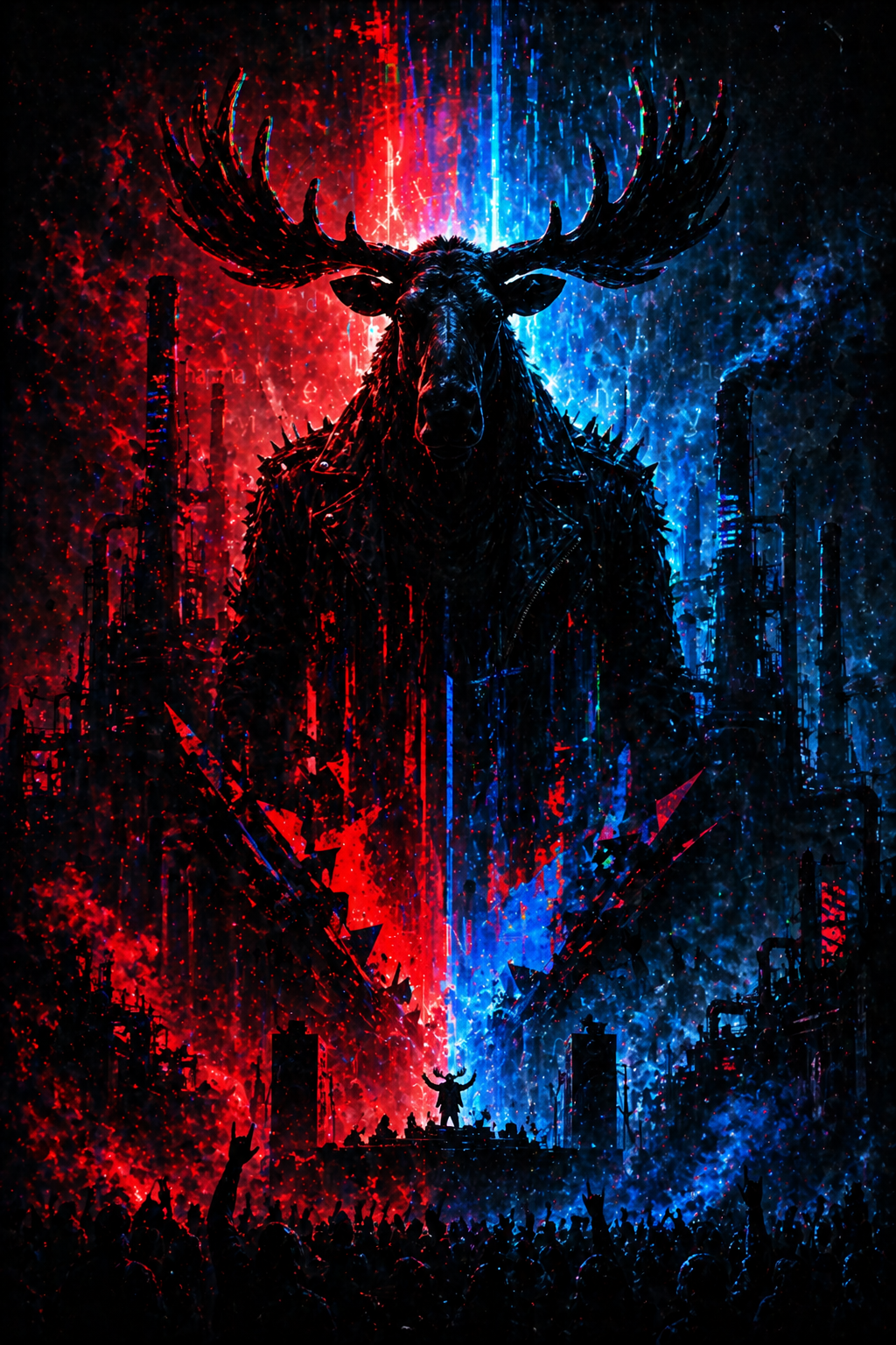 Moose-headed figure amid neon industrial chaos